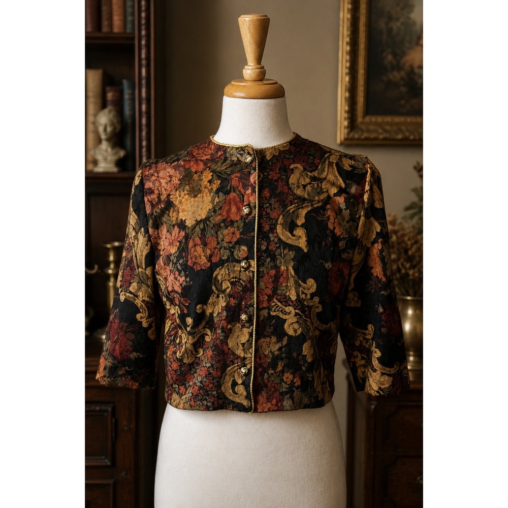 Vintage Les Modes Jolibel Brocade Tapestry Floral Cropped Jacket Gold Trim L